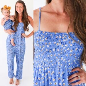 Posh Peanut Colette Smocked Square Neck Jersey Floral Jumpsuit Blue 2X NEW